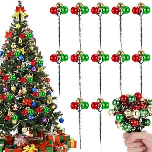 7.9 Inch Christmas Tree Picks - 12 Set Christmas Ball Ornaments Red, Green, Gold Xmas Balls Ornaments Decorations for Xmas Tree Vase Fillers Wreath Crafts Garland Holiday Home Decor