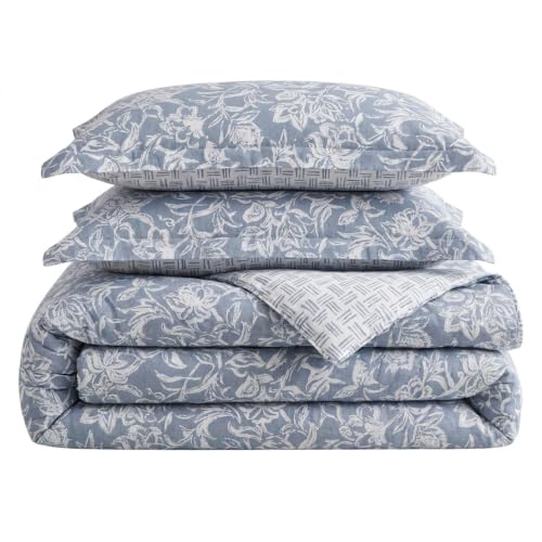 Queen Size Cotton Comforter Set with Matching Shams - Reversible Floral & Basketweave Design, Tortola Blue