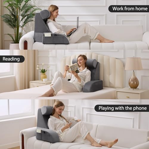 Velorose Medium 19-Inch Reading Pillow for Sitting Up in Bed, Grey, Flip-Up Headrest