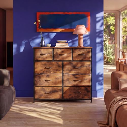 WLIVE Rustic Brown 9-Drawer Dresser with Wood Grain Finish for Bedroom