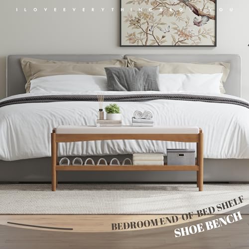 STDDRE Bamboo Shoe Bench with Padded Seat, 2-Tier Entryway Organizer, Brown-Beige, 39.4 x 11.4 x 16.5 inches