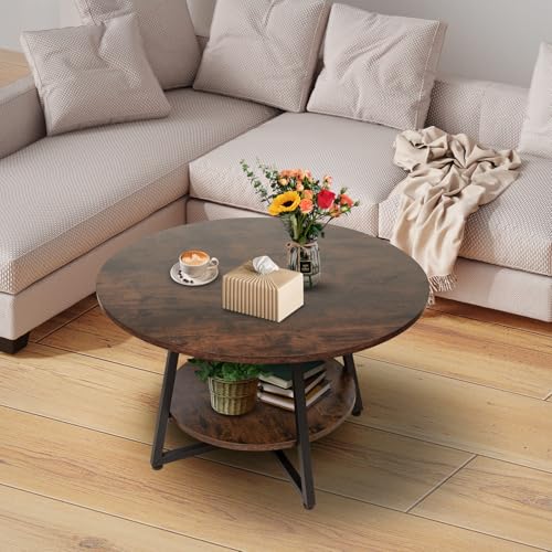 Rustic Brown 2-Tier Round Coffee Table with Storage - Modern Wooden Center Table for Living Room & Small Spaces