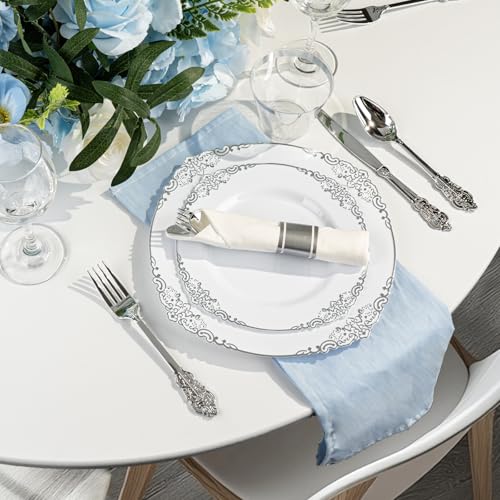 Silver Plastic Dinnerware Set for 50 Guests - Elegant Disposable Plates & Cutlery