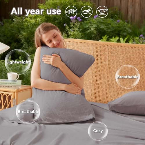 LUTBM King 100% Cotton Muslin Sheet Set Gray - 4 Piece Breathable Bed Sheets