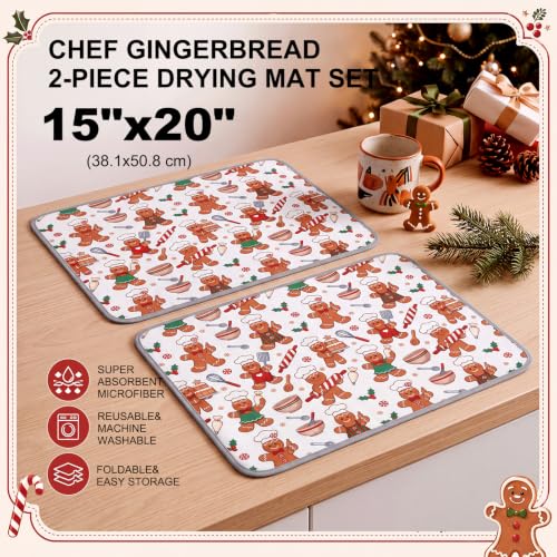 Gingerbread Chef Dish Drying Mats (2 Pack) — Christmas Kitchen Decor, 15x20 in