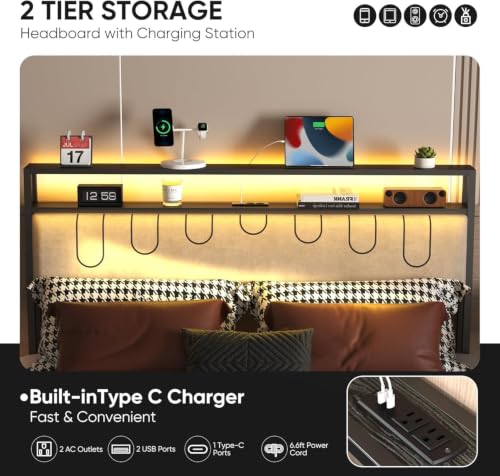 J.Fkne Full Bed Frames with Charging Station and LED Lights, Size