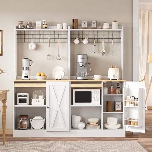 IRONCK Bakers Rack with Pull-Out Shelf and Power Outlet, White