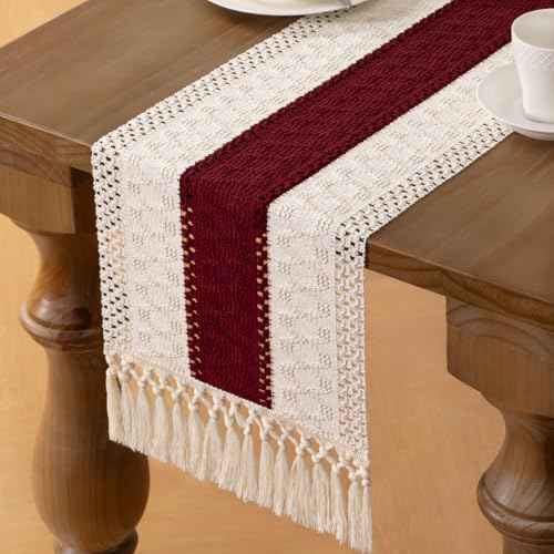 MLMW Christmas Table Runner 36 inches Boho Farmhouse Rustic Ivory Burgundy Small Coffee Table Runner Macrame Woven Centerpiece for Fireplace Mantel Living Room Dining Room Bedroom Home Decor