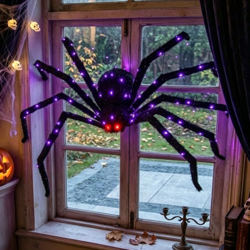 Giant Halloween Spider Decor 4.3Ft Lighted Black Metal with 6 Lighting Modes & 100 LED Purple Lights