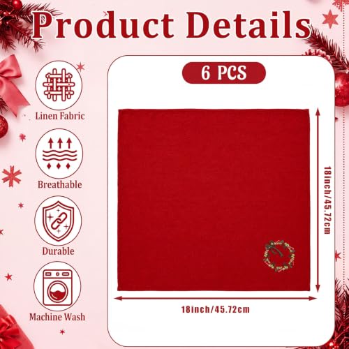 SmoothNovelty 6 Pcs Christmas Wreath Linen Napkins - Red Embroidered 18x18