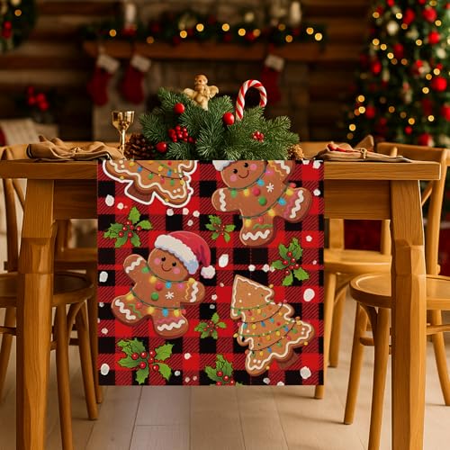Gingerbread Man Table Runner 13 x 108 Inch - Christmas Plaid Kitchen & Dining Decor