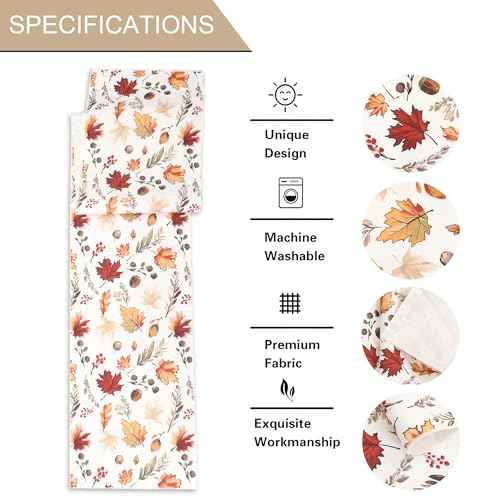 OWENIE Fall Table Runner for Kitchen Dining Table, Thanksgiving Autumn Printed Harvest Pumpkins Maple Leaves Textured Fabric Halloween Holiday Home Decorations, Water-Proof, Washable, 13" W x 36" L