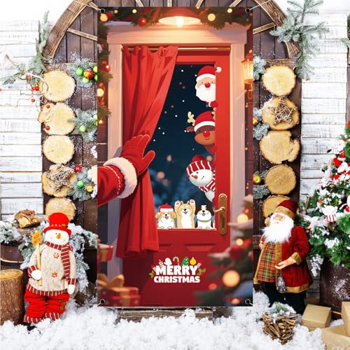 Christmas Snowman & Dog Door Cover - Red Holiday Porch Sign 71x35in