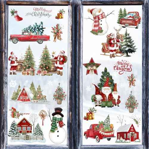 6 Sheets Christmas Window Clings Merry Christmas Santa Reindeer Snowman Window Stickers Decals for Glass Xmas Holiday Home Office Decor