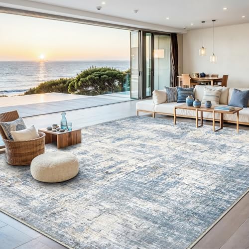 Syrlfar 8x10 Blue Washable Abstract Area Rug for Living Room & Bedroom