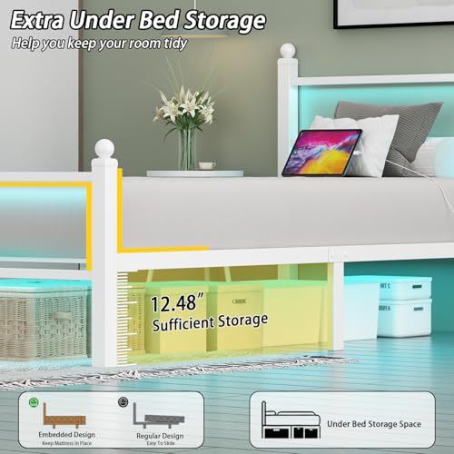 Twin Bed Frame with Headboard & Footboard - Off White, RGB LED Lights, USB Charging, Under Bed Storage - Twin Size Gohapnis