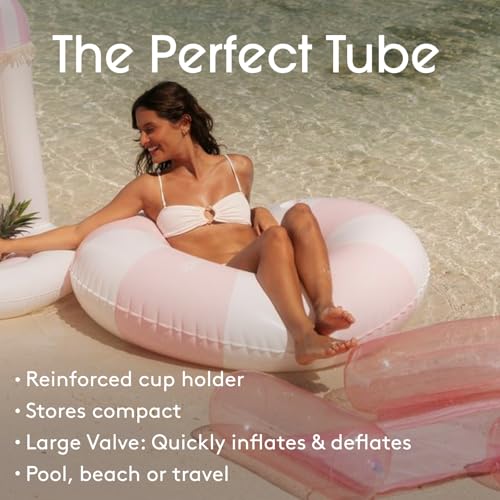 Pink 46-Inch Vintage Stripe Pool Tube Float with Cup Holder - Adult Size