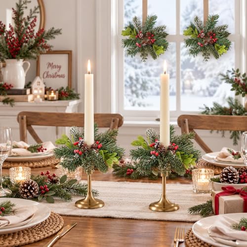YLOLUL 12 Pcs Christmas Frosted Pine Candle Ring Wreaths Winter Decor