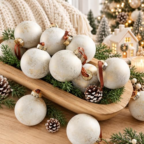 Yunlly 12 Pcs Neutral Christmas Ball Ornaments 3.15'' Ivory White - Vintage Bronze Finish