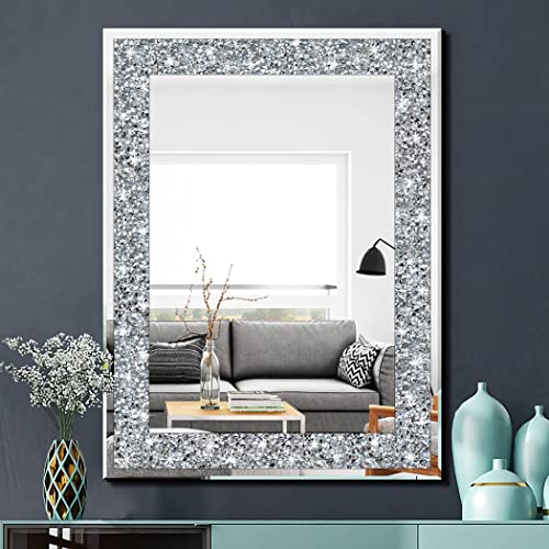 QMDECOR 32x24 Inch Rectangle Silver Mirror with Crystals Wall Decor Frameless Glam