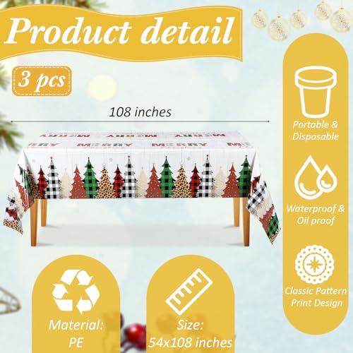 Preboun 3-Piece Christmas Tablecloth Set with Tree Pattern, Waterproof Plastic Covers