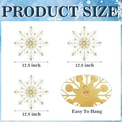 Gold 3-Piece Snowflake Starburst Wall Decor Set - 13.5in Crystal Rhinestone Metal Art
