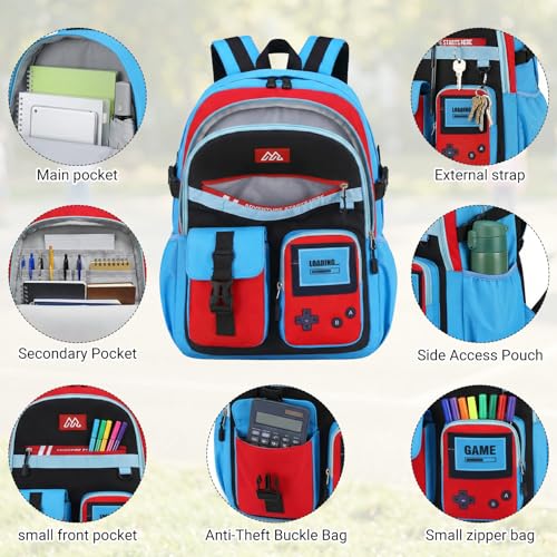 TILYTADLY 4-Piece School Backpack Set for Boys - Red-Blue Video Game Bookbag with Lunch Box & Detachable Waist Bag for Ages 6-18