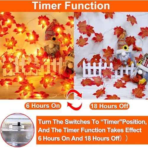 [Timer] Fall Garland with Lights Fall Decor 16.4 Ft 40 LED Enlarged Maple Leafed Fall String Lights Battery Operated Waterproof Thanksgiving Lights Autumn Fall Decorations for Home Indoor Outdoor