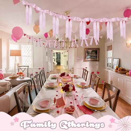Yuubin 2 Pack Pink Bow Christmas Garland Banner Decor,Sweet Party Hanging Decorations for Women Coquette Birthday Bridal Shower Wedding Engagement Bachelorette Girl Baby Shower Supplies