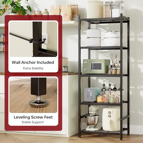 Black 5-Tier Metal Shelving Unit with Adjustable Feet - 17.7 x 11.8 x 56.3 inches