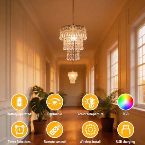 Battery Operated Pendant Light 2 Pack with Remote RGB Dimmable Crystal Hanging Lamp