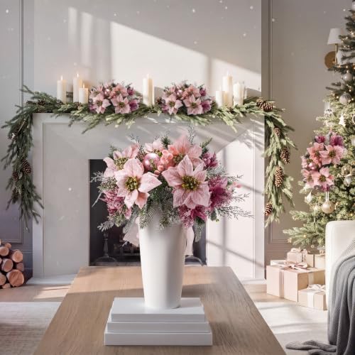 Giegxin 4 Pcs Artificial Velvet Poinsettia - Pink Christmas Flowers