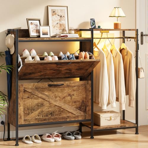 HIGDBFE 41.3W Shoe Cabinet with Flip Drawers, Coat Rack & LED Lighting