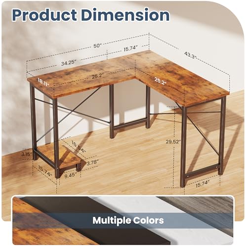 Brown 50-Inch Reversible L-Shaped Gaming & Office Desk with CPU Shelf
