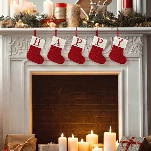 Christmas Stockings with Initials, 7 Inch Mini Letter Stocking, Embroidered Small Red White Cable Knitted Christmas Decoration for Home Family Holiday Xmas Tree Fireplace Gifts-Letter W