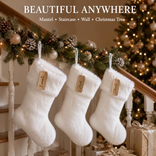 AOGU 3 Pack 18in Snowy White Faux Fur Christmas Stockings - White Hanging Stockings