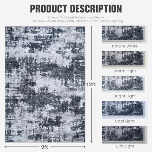 Black 9x12 Area Rug - Washable Soft Abstract Bedroom Carpet - Slim Low-Pile