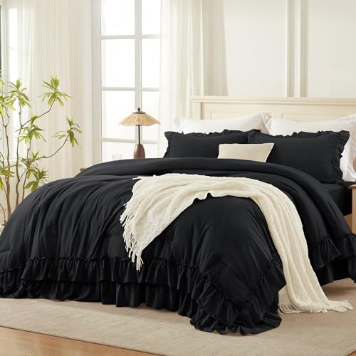 Andency Black King Ruffle Comforter Set - 3 Piece Solid Bedding with Pillowcases