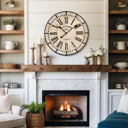 Large Rustic Farmhouse Wall Clock 24 Inch with Silent Movement - Brown / Black Numerals