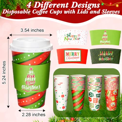 Jingmore 48 Pack Christmas Coffee Cups with Lids & Sleeves, 16oz - Holiday Designs