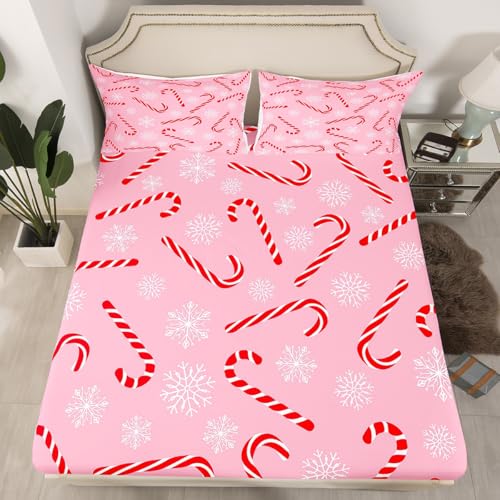 Pink Red Xmas Candy Cane Queen Bed Sheet Set - Christmas Holiday Bedding