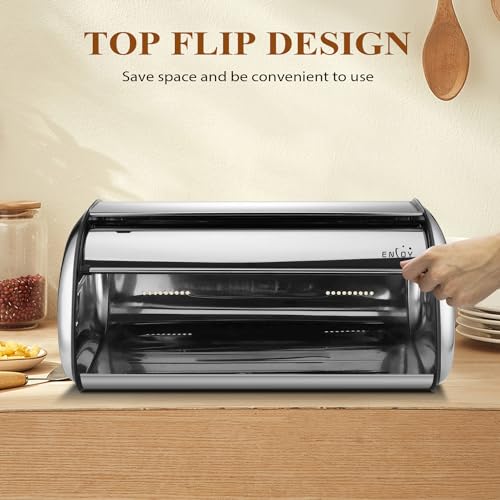 ENLOY Silver Stainless Steel Bread Box with Roll-Top Lid - Large Capacity Kitchen Organizer