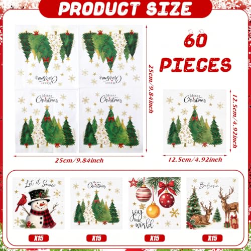 60 Pcs Classic Christmas Napkins - 4 Styles, 9.8 x 9.8 in, Janlaugh