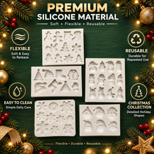 LLPMutu 5-Pack Christmas Silicone Molds with 46 Cavities - Santa, Snowman, Reindeer & More (White 3) | Mini Christmas Fondant & Candy Molds