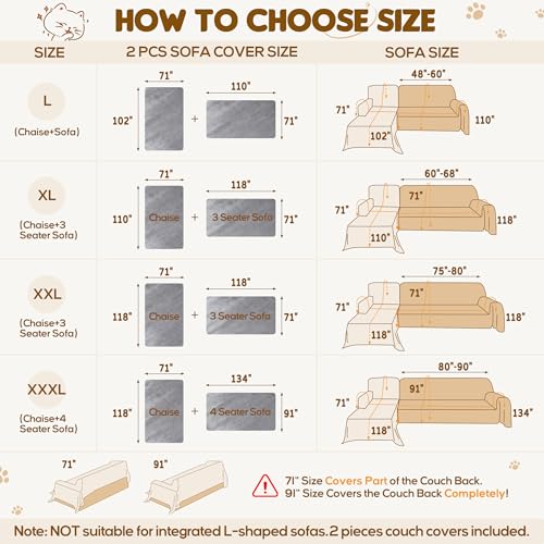 Loiion Gray 2-Piece L-Shaped Sectional Couch Cover - Waterproof, Anti-Scratch, Extra Large 118x71+118x71 inches