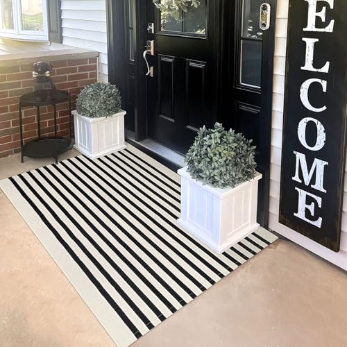 Beige Striped Indoor Washable Rug 3x5 ft Front Door Entryway Mat - Light Beige & Black Stripe