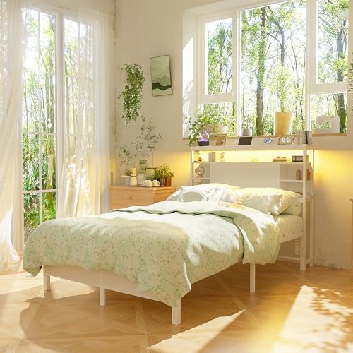 Twin Headboard with Storage & RGB LED Lights, Power Outlets, White
