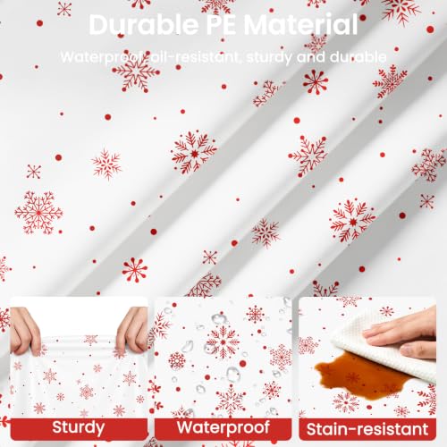 LANLISA 12 Pcs Red White Snowflake 84” Round Disposable Plastic Tablecloths Set