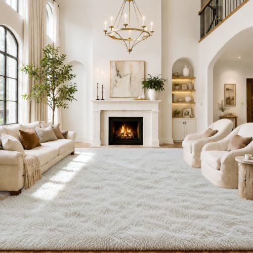 Cream 8x10 Shaggy Area Rug - Plush Furry Living Room Carpet, Large Size