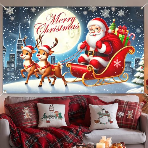 Merry Christmas Banner Santa Sleigh Decorations 71 x 43 in